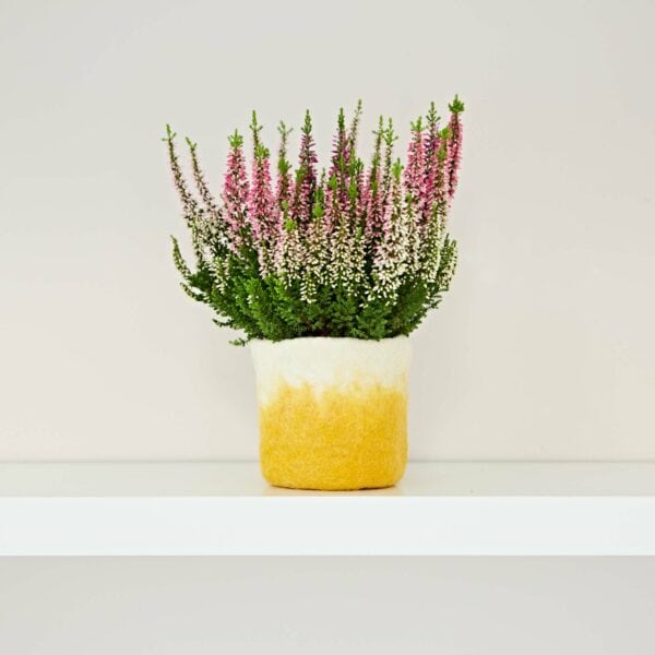 A Handmade Felt Yellow Ombre Plant Pot Cover with pink and purple flowers on a shelf.