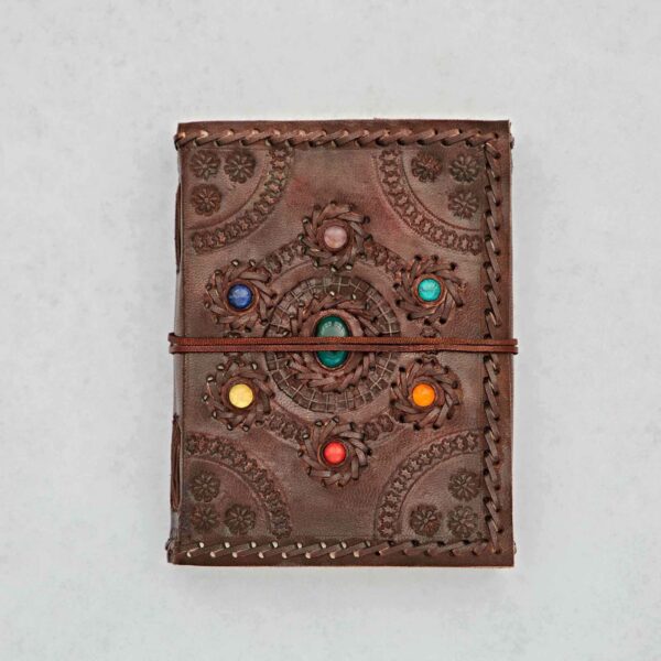 Indra Chakra Circle Embossed and Stitched Leather Journal with Semi-Precious Stones - Image 5