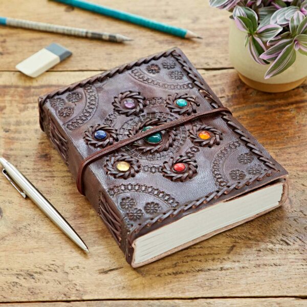 Indra Chakra Circle Embossed and Stitched Leather Journal with Semi-Precious Stones