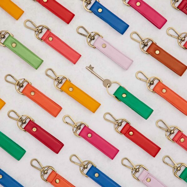 A row of colorful Recycled Leather Keyring with Hook, including leather and recycled options, on a white surface.