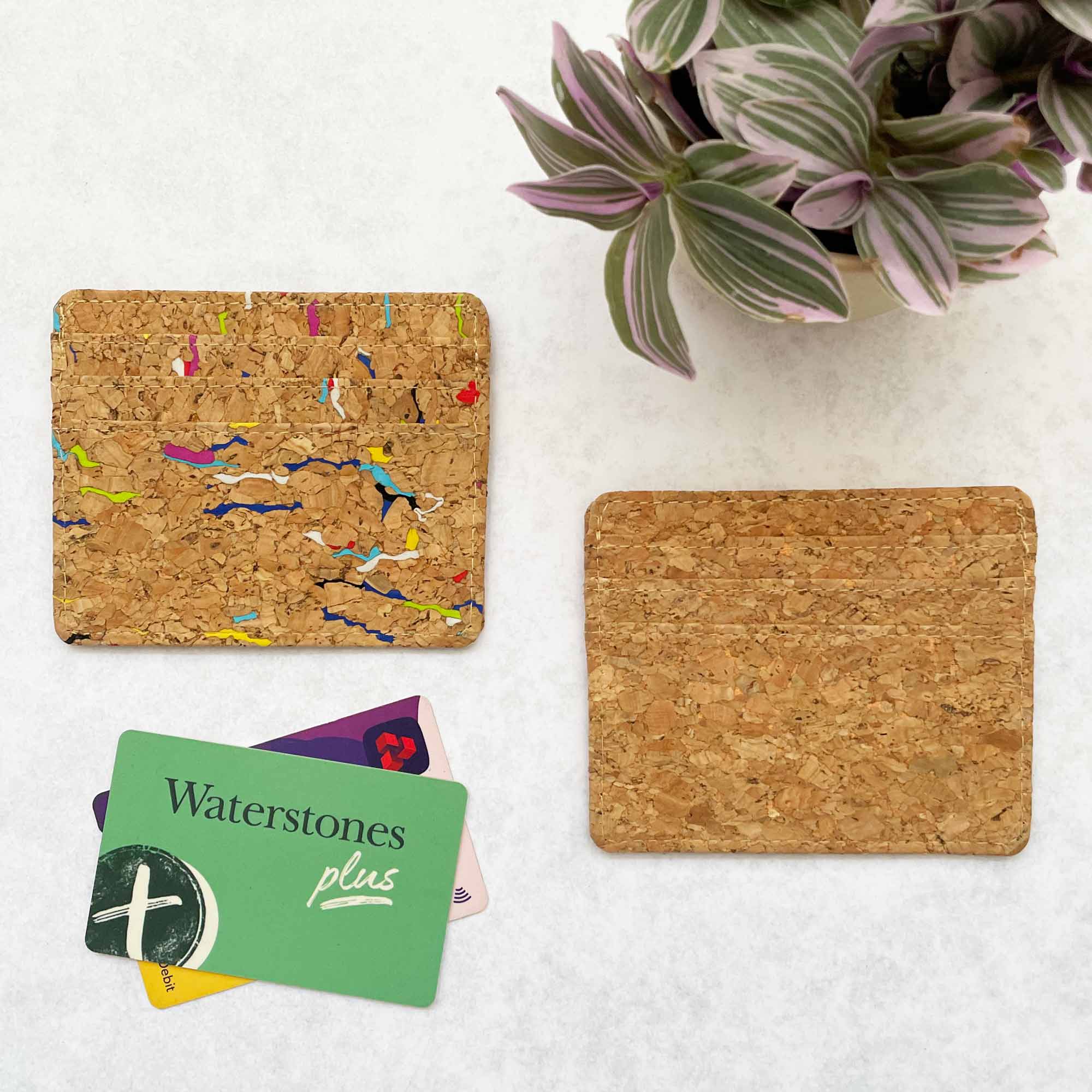 A Natural Cork Billfold Wallet featuring a stylish plant and a thoughtful gift card.