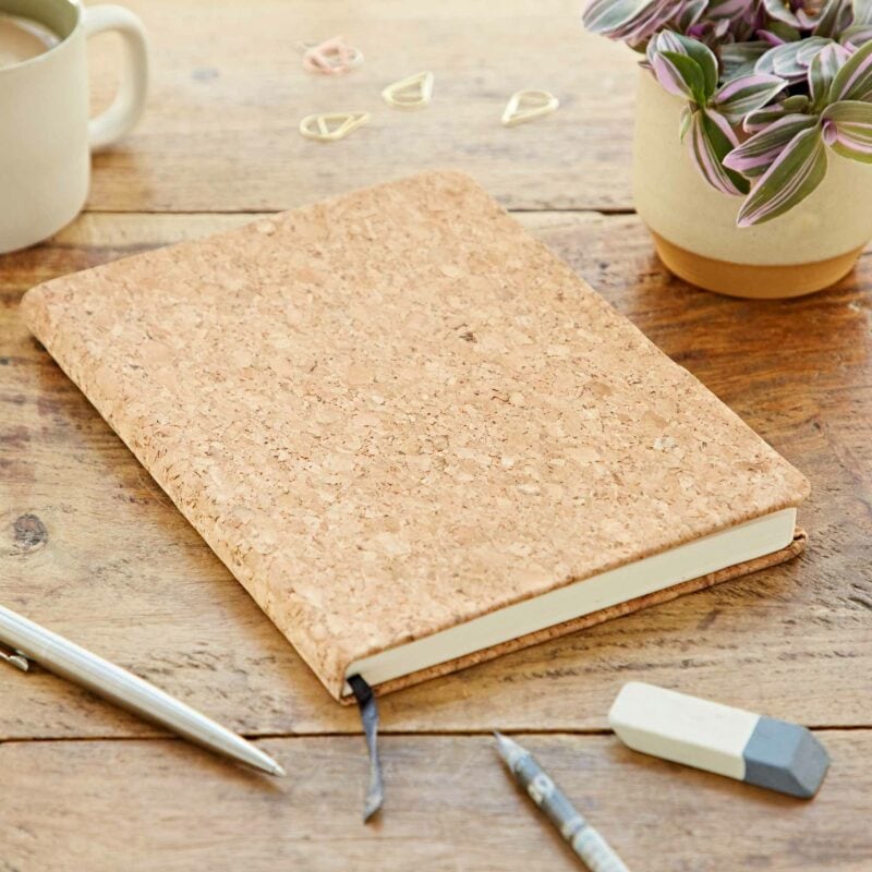 Natural cork notebook on a wooden table with pens and a plant.