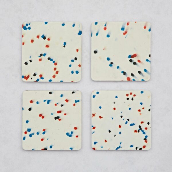 Four Set of 4 Recycled Plastic Square Coasters with red, blue, and white splatters.