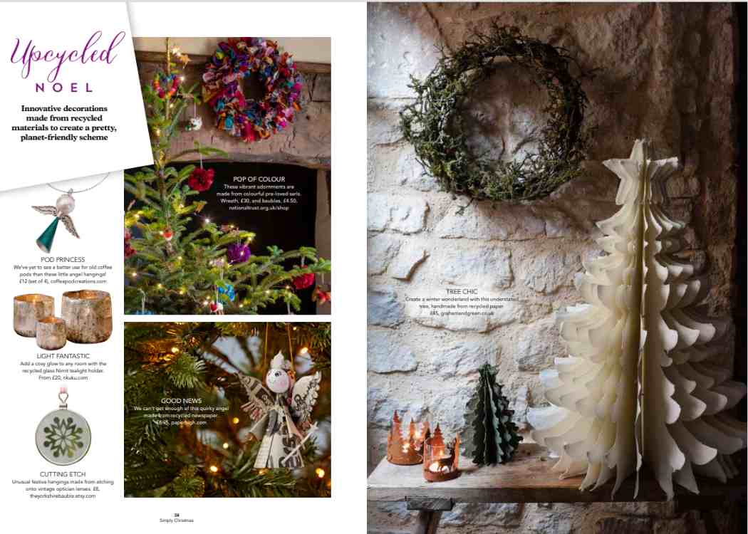 A magazine spread with pictures of Christmas decorations and wreaths, available for press enquiries.