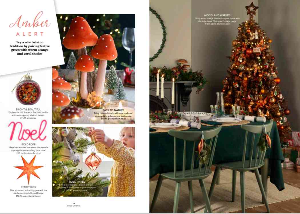 A magazine spread with a Christmas tree, decorations, and details for press enquiries.