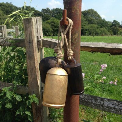 Two traditional cowbells hanging by ropes on a rusty metal pole against a backdrop of a wooden fence and greenery, perfect as a unique Mother's Day gift.