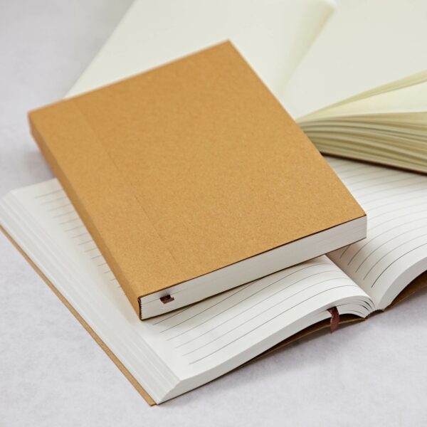 Four open notebooks with Lined and Plain Paper for Refillable Journal, including one brown-covered refillable journal in the center.