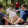 Two people sit on the grass interacting with a white goat, reminiscent of Goat Yoga for Two in the Suffolk Countryside, while a gardener works in the background. Text reads “Flexible Exchanges & Extensions.”