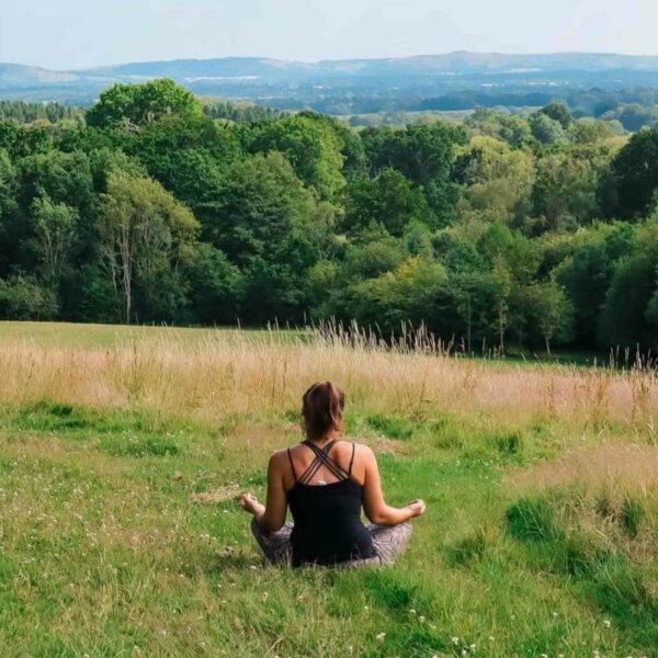 A person sits cross-legged on a grassy field, meditating amidst Nature and Wellness Day with Yoga, Forest Bathing, and Foraging for Two, surrounded by rolling hills and dense forest in the background.