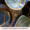 Four ceramic plates repaired with the kintsugi technique, showcasing gold-filled cracks on a grid-patterned work surface. Text at the bottom reads, "Flexible Exchanges & Extensions." These unique pieces reflect the artistry encountered during a River Stour Wild Beaver Canoe Tour and Talk.
