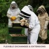 Four beekeepers in protective suits inspect a beehive outdoors during the Terra Vitum Foraging Workshop and Wild Feast for Two. Two wooden bee boxes are partially open, revealing honeycombs and bees. Text at the bottom reads, "FLEXIBLE EXCHANGES & EXTENSIONS.