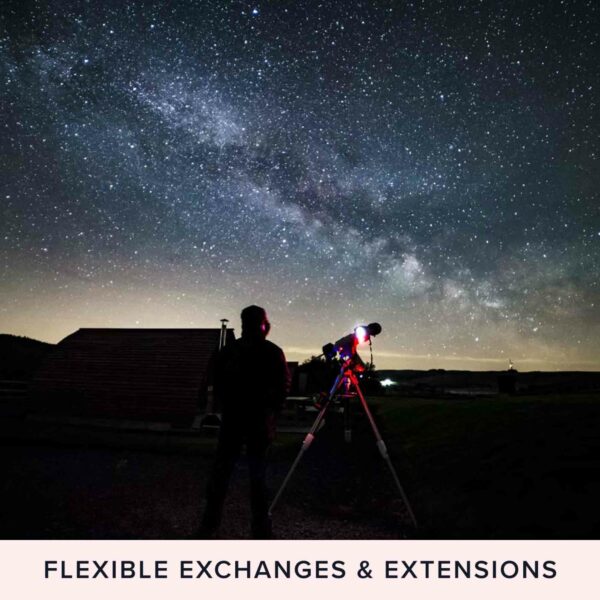 A person observing the night sky with a telescope, silhouetted against a backdrop of stars and the Milky Way. Text at the bottom reads, "Flexible Exchanges & Extensions." Perfect for enhancing your Family Visit to Kew Gardens for Two Adults and Two Children.