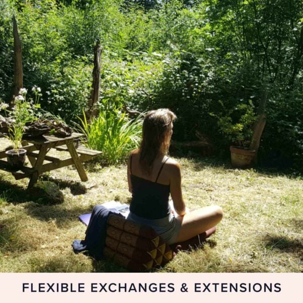 A person sits cross-legged on a cushion in a grassy, wooded area, reminiscent of peaceful moments in Bradgate Park. The text "FLEXIBLE EXCHANGES & EXTENSIONS" is displayed at the bottom of the image, promoting the Bradgate Park Beekeeper Taster with Handmade Beeswax Candle (Copy).