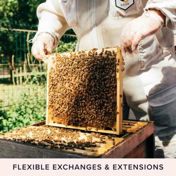 A beekeeper in protective gear holds a frame covered in bees from a beehive, with the text "FLEXIBLE EXCHANGES & EXTENSIONS" below. It evokes the experience of 'Totally Wild Foraging, Cookery and Lunch for Two'.