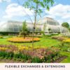 A visit to Kew Gardens with Cream Tea for two offers a serene experience amidst vibrant flowerbeds and lush greenery. The text "Flexible Exchanges & Extensions" is overlaid at the bottom, highlighting the perfect spot for a tranquil tea break in nature.