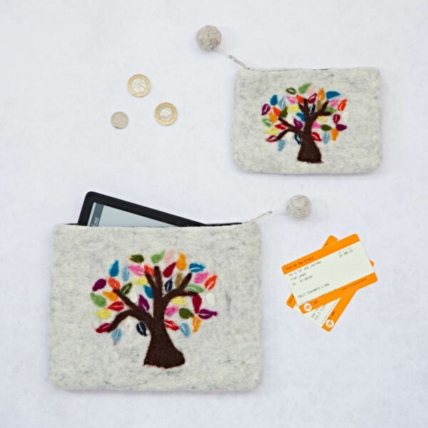 Two Felt Tree of Life Purses in gray, each adorned with a colorful tree of life design; one is designed to function as an e-reader purse. Nearby are two tickets and three coins.