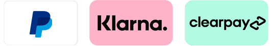 Logos of three payment options: PayPal, Klarna, and Clearpay