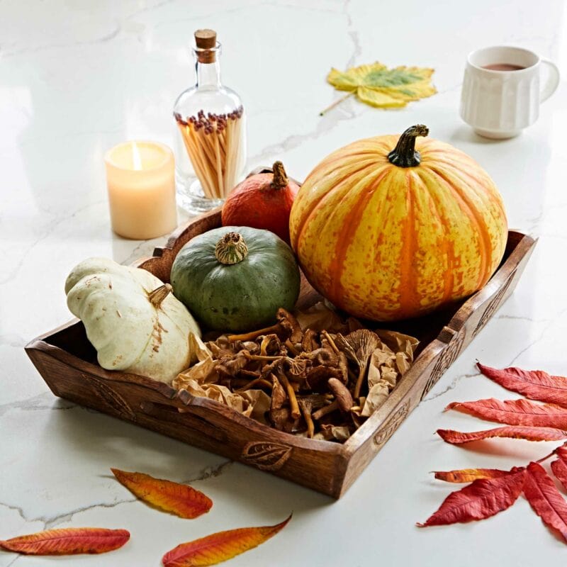 A wooden tray holds assorted pumpkins and gourds, dried mushrooms, and a bottle of spices. A lit candle, mug, autumn leaves, and matches are on the white marble surface beside it. The scene is complete with a tiny elephant dung figurine adding an eclectic touch to the autumnal display.
