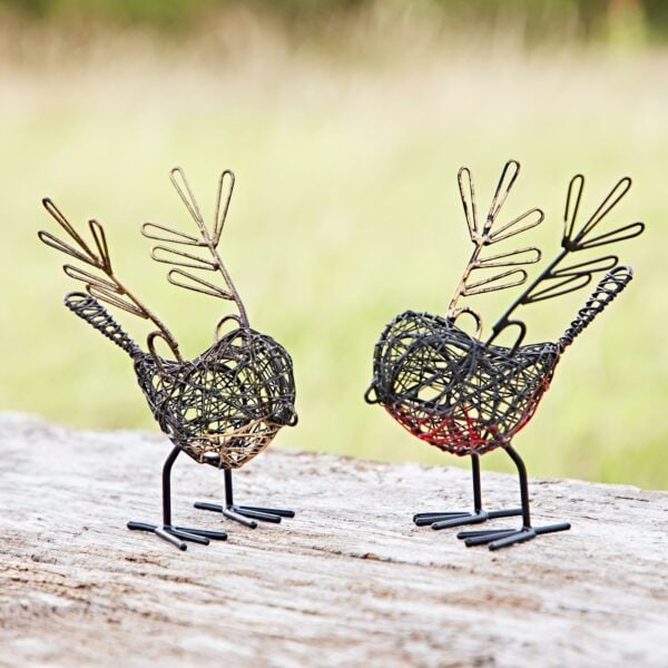 The Set of Two Wire Robin with Wings Decorative Ornaments features wire robins, with elegant tails and intricate wings, gracefully perched on a wooden surface outdoors, creating a whimsical decor piece.