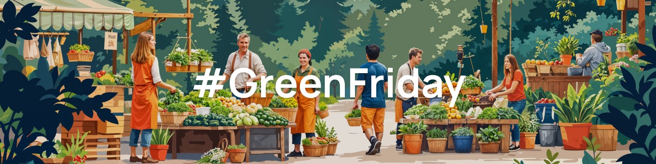 Shoppers at outdoor markets, enveloped by trees and the vibrant charm of a red felt flower garland as seen on ITV, celebrate #GreenFriday.