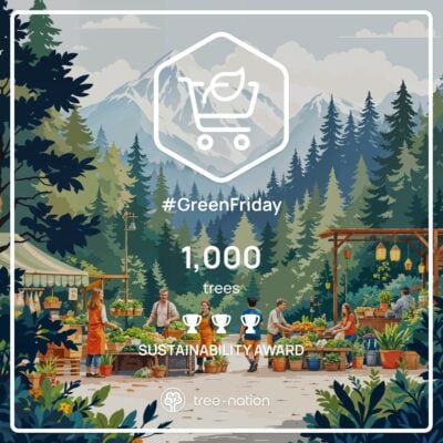 In a bustling outdoor market scene, shoppers weave between stalls under a red felt flower garland as seen on ITV. A graphic overlay highlights "#GreenFriday," celebrating the planting of "1,000 trees" and proudly showcasing a "Sustainability Award.