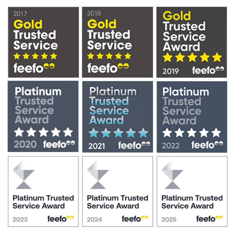 Nine Feefo award images from 2017 to 2025, alternating between Gold and Platinum Trusted Service Awards, showcasing different star ratings. For further details on our achievements, feel free to contact us.