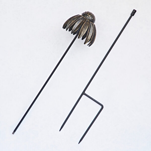 Two black garden stakes made from recycled metal are shown: one is topped with an Echinacea flower, the other has a forked, right-angled end. Both are displayed on a white background. Product: Recycled Metal Echinacea Flower Garden Stake Decoration.