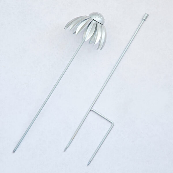 Two Recycled Metal Echinacea Flower Garden Stake Decorations are shown: one with an Echinacea flower-shaped top, the other with a forked end. Both garden stakes are displayed on a white surface.