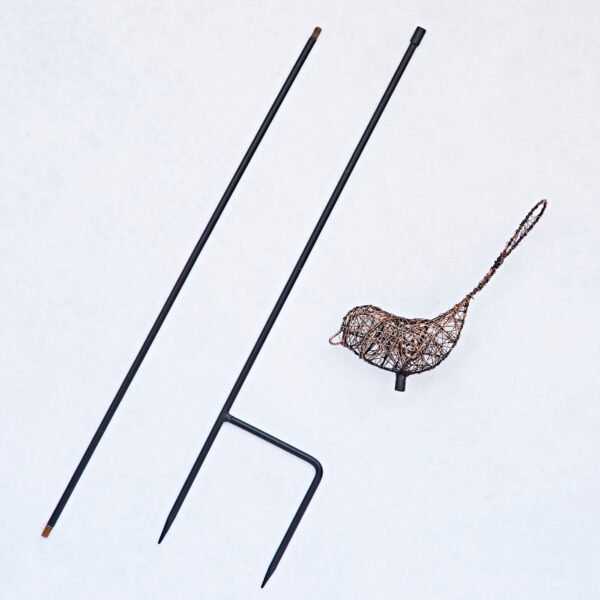 The Recycled Metal Bird Garden Stake Decoration features three black metal rods and a bird-shaped wire sculpture, all crafted from recycled metal—a unique addition to your garden décor.