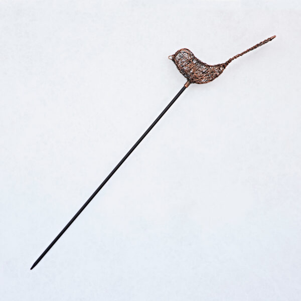 The Recycled Metal Bird Garden Stake Decoration features a charming bird-shaped sculpture crafted from recycled metal, attached to a sturdy skewer and perfect for adding whimsy to any garden.