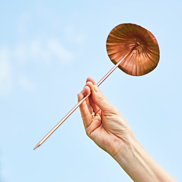 A hand holds the Recycled Metal Mushroom Garden Stake, featuring a round, ridged disc at one end, crafted from recycled metal and shown against a clear blue sky—a distinctive garden decor piece.