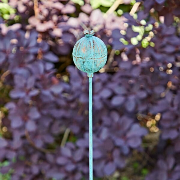 The Recycled Iron Poppy Seed Head Garden Stake Decoration, with its weathered blue finish, stands in front of purple-leaved foliage.