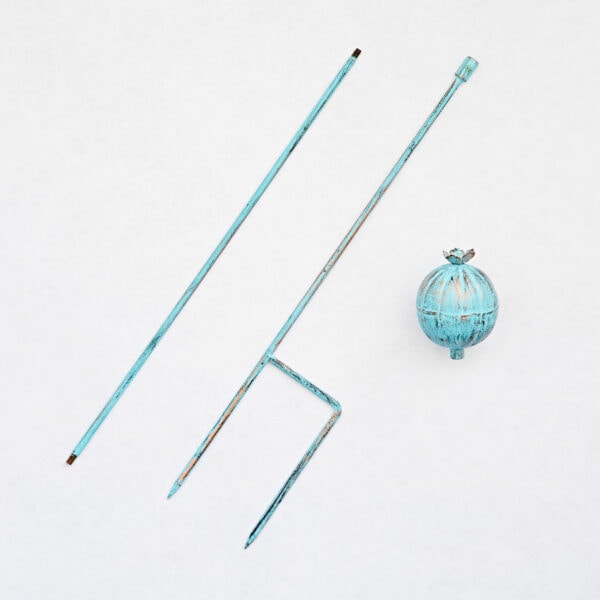 Three turquoise Recycled Iron Poppy Seed Head Garden Stake Decorations are arranged on a white background, featuring metal rods and a matching spherical ornament, all crafted from recycled iron.