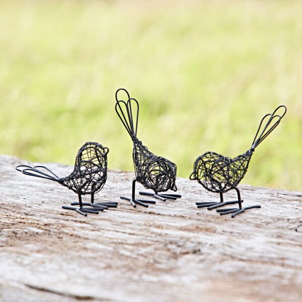 The Set of Two Wire Robins with Wings Decorative Ornament rests on a wooden surface against a blurry grassy backdrop, adding whimsy and elegance to any space.