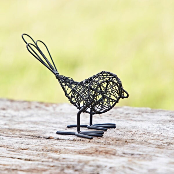 The "Set of Two Wire Robins with Wings Decorative Ornament" features a small wire sculpture of a robin, elegantly perched against a wooden surface with a blurred outdoor backdrop.