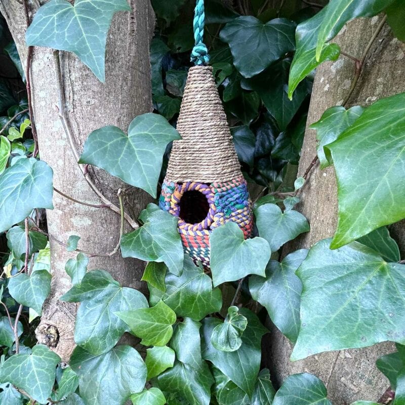 A cone-shaped, woven birdhouse hangs among thick green ivy leaves on a tree trunk, making it a charming Mother's Day gift for nature-loving moms.