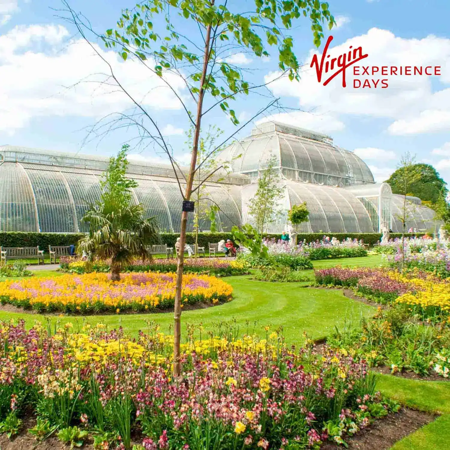 Botanical garden with vibrant flowers and a large glass greenhouse under a partly cloudy sky, offering an idyllic escape. Virgin Experience Days logo in the top right corner. Enjoy peace of mind with seamless delivery & returns policies for your perfect outing.