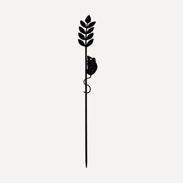 The Recycled Metal Harvest Mouse on Wheat Silhouette Garden Stake features a mouse climbing a tall wheat stalk with leaves, shown against a simple light background.
