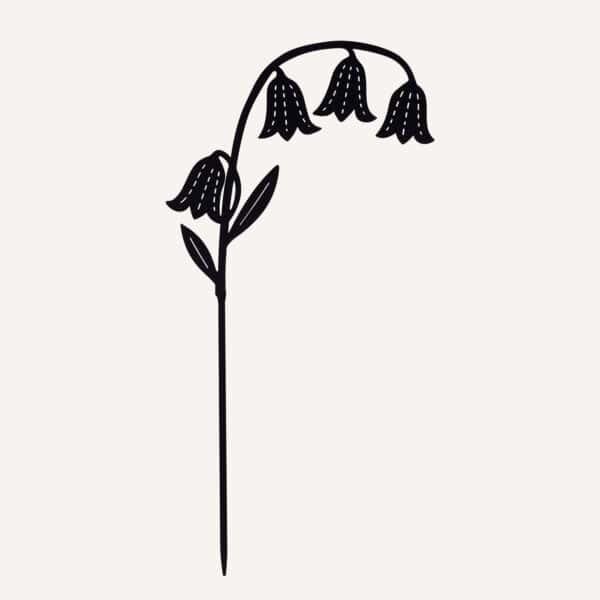 A simple black outline of a single stem with five downward-facing, bell-shaped flowers and a few leaves on a plain background, inspired by the Recycled Metal Bluebell Silhouette Garden Stake.