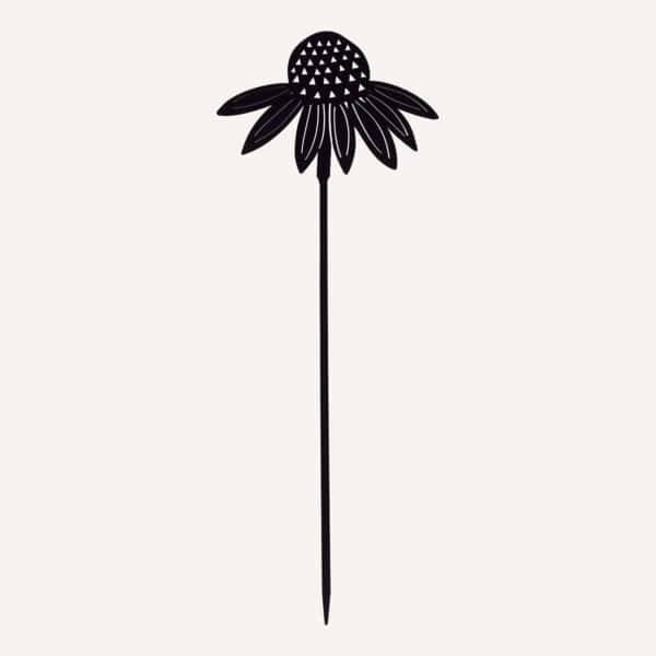 The Recycled Metal Echinacea Silhouette Garden Stake is a black stake featuring a coneflower with a round center, pointed petals, and a long, straight stem set against a plain background.