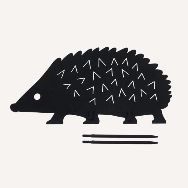 Recycled Metal Hedgehog Silhouette Garden Stake featuring cutout arrow patterns stands beside two black stakes, crafted from recycled metal and displayed on a plain background.