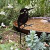 The Recycled Metal Kingfisher Silhouette Garden Stake is displayed in soil near a birdbath, surrounded by green plants and succulents.