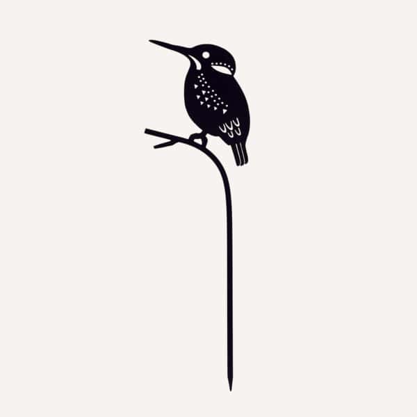 A black kingfisher silhouette perched on a curved branch against a light background—ideal as the Recycled Metal Kingfisher Silhouette Garden Stake for your outdoor space.