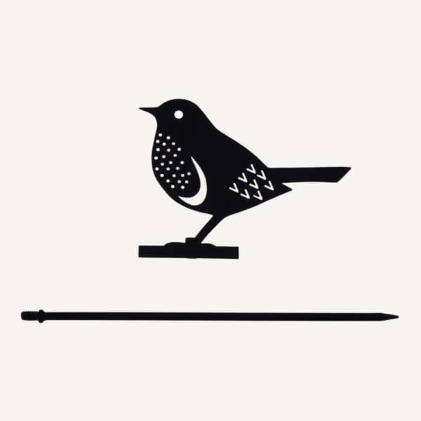 The Recycled Metal Wren Silhouette Garden Stake features a black wren silhouette on a base, with a separate pointed stake, all crafted from recycled metal and displayed against a white background.