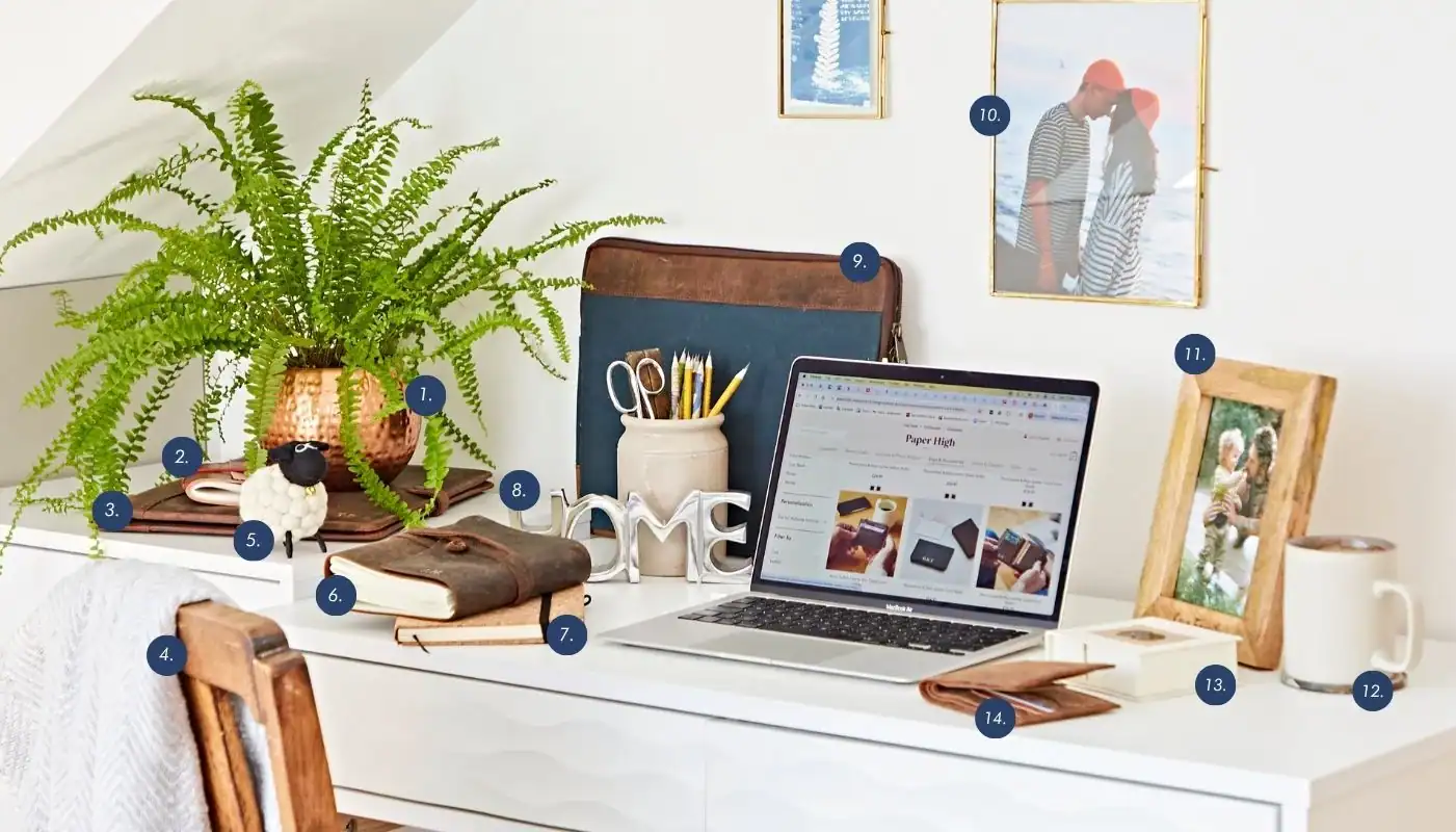The Ultimate Sustainable Home Office Setup: A white desk holds a laptop, notebooks, potted plant, framed photos, mug, pen holder, and various office supplies, with a wooden chair in front.