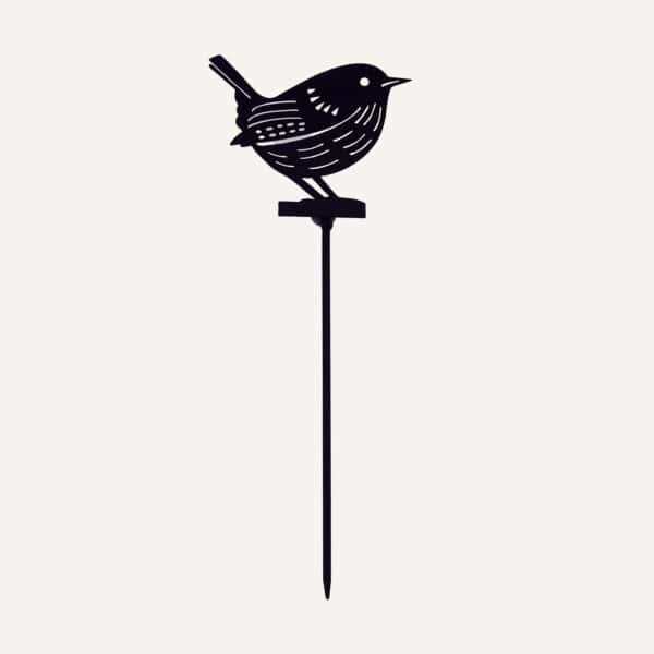 The Recycled Metal Robin Silhouette Garden Stake features a black robin design crafted from recycled metal, perched atop a sturdy stake and displayed against a plain light background.