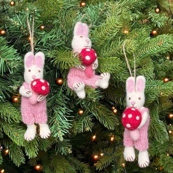 Alternative view of Felt Rabbit with Mushroom Hanging Decoration
