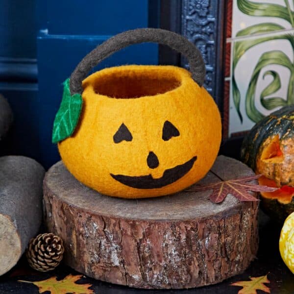 The Felt Trick Or Treat Hallowe’en Pumpkin Basket with a jack-o’-lantern face and handle rests on a tree stump among pine cones, autumn leaves, and logs—a charming accent for Hallowe’en decor or as a trick-or-treat basket.