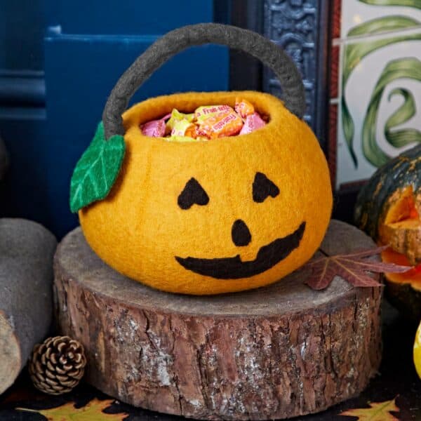 The Felt Trick or Treat Halloween Pumpkin Basket, featuring a jack-o’-lantern face, holds colourful sweets as it sits on a tree stump amid festive autumn decorations.