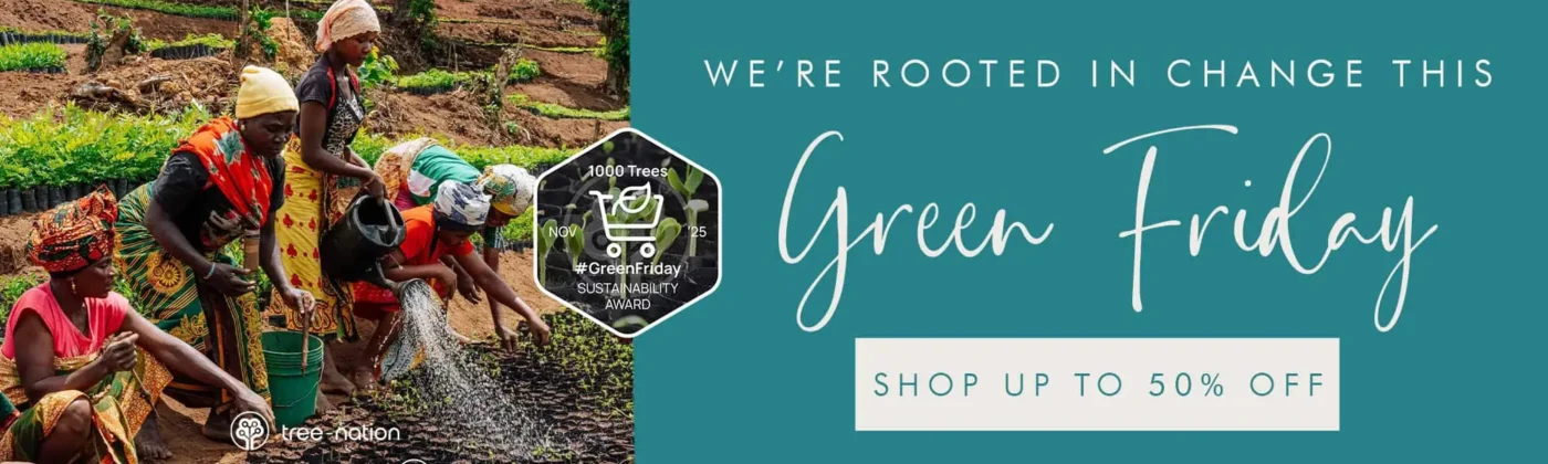 A group of people work together planting seedlings outdoors on behalf of Paper High; text on a teal background promotes "Green Friday" with up to 50% off and a sustainability award.